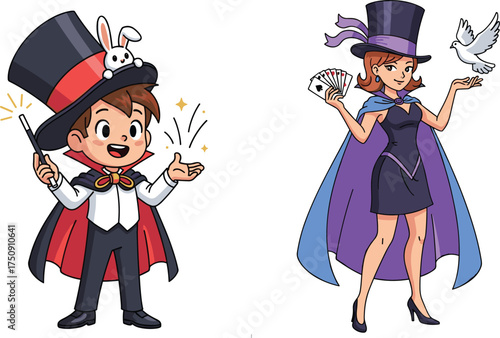 Cartoon magician boy and girl performing magic tricks, rabbit in hat, dove flying, playing cards, fantasy show, stage performance, illusion