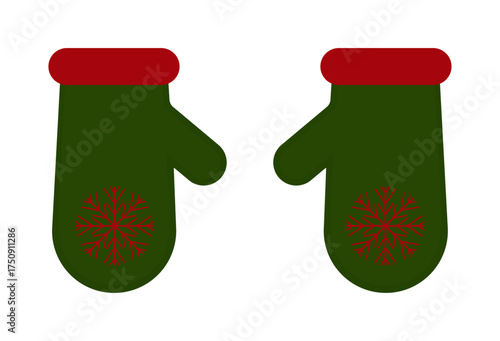 Green mittens icon with a red snowflake, isolated on a white or transparent background. Vector illustration. Close-up element for decoration winter and Christmas design.
