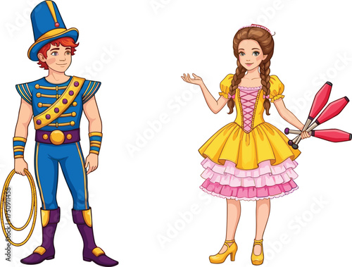 Circus performers cartoon characters, ringmaster and juggler costume, colorful outfit, whimsical pose, carnival theme, vector illustration for entertainment design
