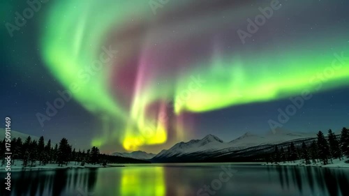 Stunning display of the Northern Lights illuminating a tranquil lake surrounded by mountains at night