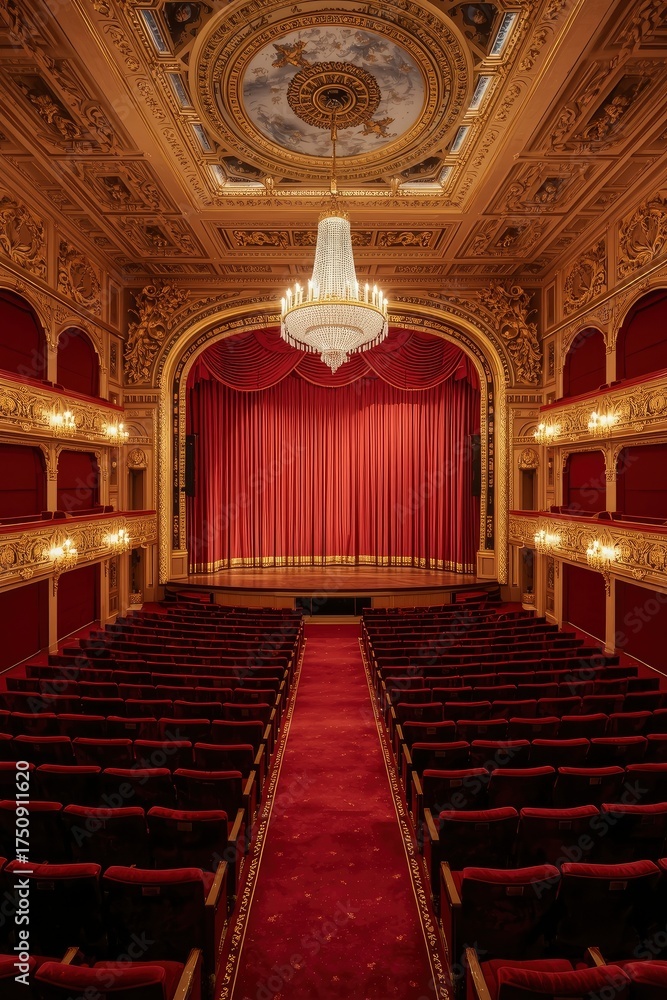 Obraz premium An exquisite, high-angle view of a luxurious, empty performing arts venue, showcasing an opulent interior ready for a grand spectacle. Rows of plush, red velvet seats extend towards a magnificent stag