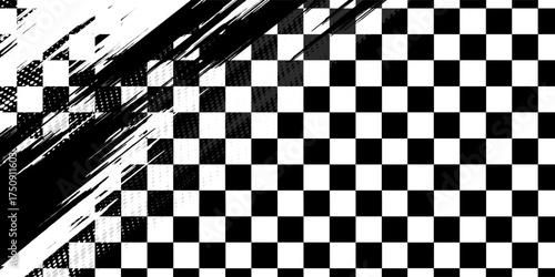 Race flag grunge background, car rally or motocross finish flag with vector checker pattern. Grunge race flag for car racing sport or bike speedway, motorsport