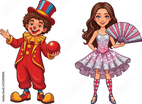 Clown character, fancy woman costume, circus performance, colorful outfit, theatrical scene, fan dance, festive fashion, entertainment duo, cartoon style, vector art