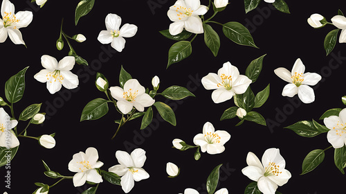 Seamless pattern of white jasmine flowers with green leaves on dark background, creating fresh and elegant design