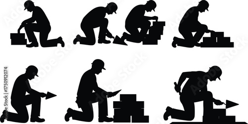 Construction worker silhouette, bricklayer vector, masonry labor poses, trowel action, bricklaying process, manual work, building site, construction tools, kneeling worker, squatting pose