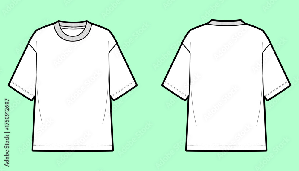 Naklejka premium Men’s Oversized Short Sleeve Crew Neck T-Shirt Fashion Flat Sketch (Front and Back View)