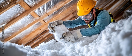 Worker insulating an attic with protective gear.