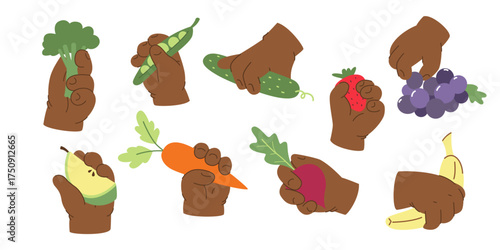 Black children and healthy eating. Simple and cute illustration of kids hands holding vegetables and fruits for kids menu