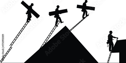 Construction workers climbing ladders, carrying wooden planks, teamwork on pyramid structure, silhouette illustration, hard hats, labor effort, industrial scene, vector art