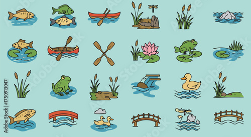 A captivating collection of colorful cartoon icons illustrating a serene pond environment, featuring diverse aquatic life, boats, and natural flora.