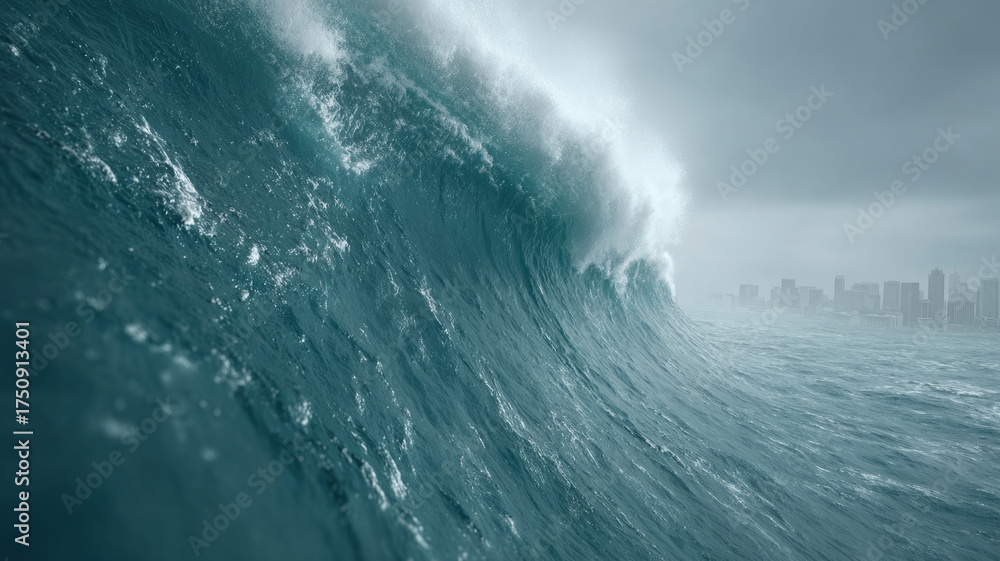 Obraz premium Massive ocean wave crashing near city skyline under stormy skies.