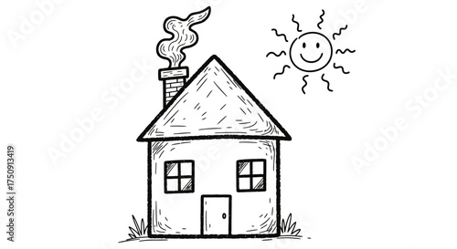 Simple line drawing of a house with a chimney emitting smoke, and a smiling sun.