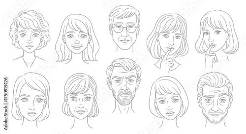 Collection of diverse faces, including young and elderly, expressing various emotions and gestures, depicted in a simple line drawing style.