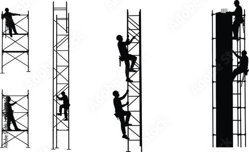 Construction workers climbing scaffolding, industrial safety gear, teamwork at height, building site silhouettes, structural engineering, labor force, occupational safety, architecture