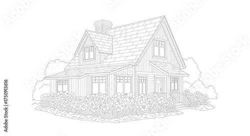 Line drawing of a house with a gabled roof, chimney, windows, and surrounding bushes.