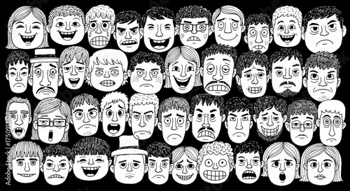 A collection of diverse cartoon faces, each displaying a unique expression.
