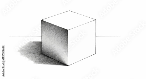 A shaded cube casts a shadow on a white surface, simple art.