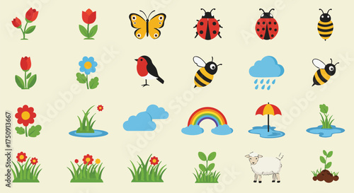 Wallpaper Mural A charming collection of vibrant spring nature icons, featuring colorful flowers, playful insects, a cheerful robin, and whimsical weather elements. Torontodigital.ca