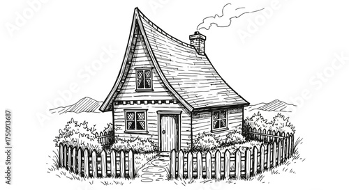 Hand-drawn illustration of a quaint cottage with a pointed roof, surrounded by a picket fence and foliage, with smoke rising from the chimney.