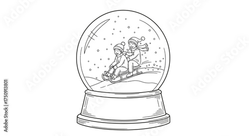 Illustration of two children sledding down a snowy hill inside a snow globe, with falling snow.