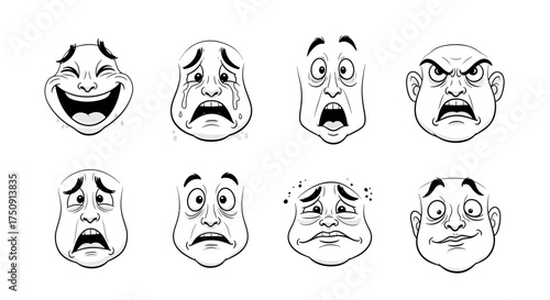 Eight cartoon faces displaying a range of human emotions, including happiness, sadness, fear, anger, and surprise.