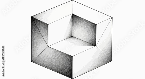 Pencil drawing of a geometric cube shape with a section removed, showing interior and shading.