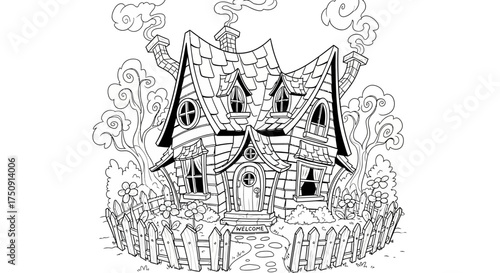Whimsical cartoon house with curved roof, smoking chimneys, surrounded by a picket fence and trees.