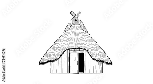 Illustration of a thatched-roof hut with a door, depicted in black and white.