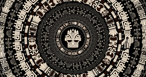 Ancient Mayan Calendar. Abstract design with an ancient Mayan ornament. Images of characters of ancient American Indians.The Aztecs, Mayans, Incas. The Mayan alphabet.
