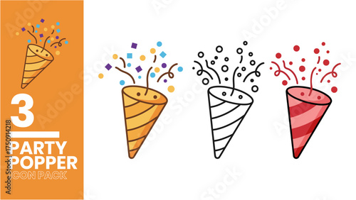 Set of Three Party Popper Icons in Colorful and Monochrome Styles for Celebration Designs
