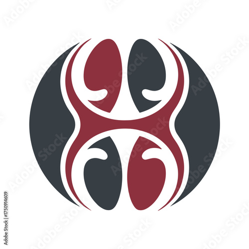 Dark red and grey abstract symmetrical shape on white background black blue