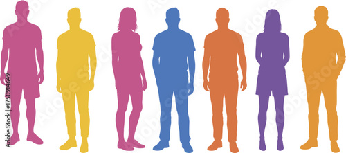Colorful human silhouettes, diverse individuals, gender-neutral figures, demographic diversity concept, artistic representation, v