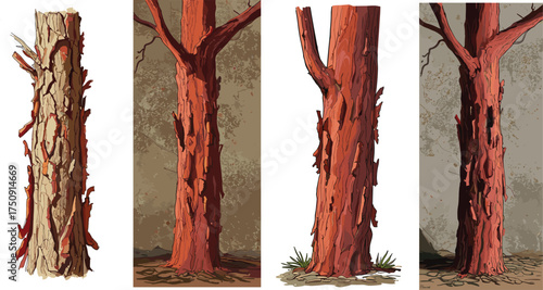 Realistic tree trunk bark texture illustration set with natural details, forest background, and rough wood surface design for vector artwork