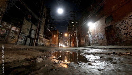 Moonlit alleyway, urban decay at night