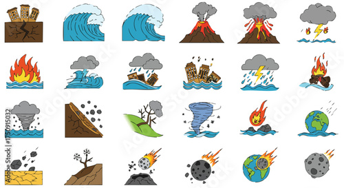 A comprehensive collection of vibrant, cartoon-style icons illustrating various natural disasters and environmental catastrophes, perfect for educational or warning graphics.