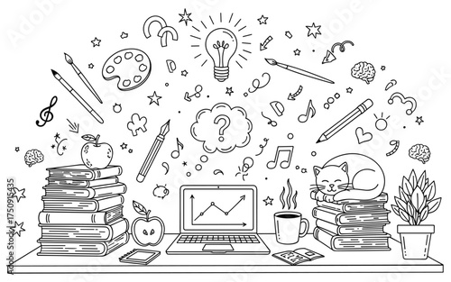 Hand Drawn Doodle Study Desk Vector Illustration. Outline Sketch of Laptop, Stack of Books, Sleeping Cat, Coffee, and Art Supplies. Concept for Education, Creative Work, and Home Office.