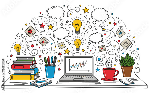 Hand Drawn Doodle Creative Desk Vector Illustration. Colored Sketch of Laptop, Books, Coffee, and Idea Symbols. Concept for Creative Work, Design, Education, and Brainstorming.

