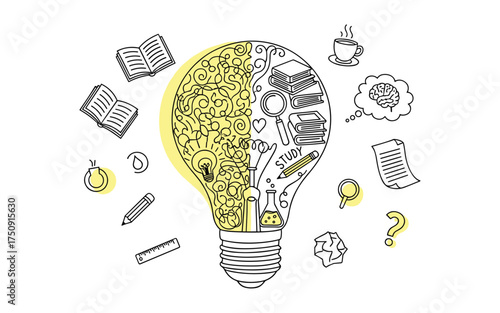 Creative Light Bulb with Brain Doodle Icons Vector Illustration. Black Line Art Concept of Idea, Education, Learning, and Science. Graphic Design for Innovation, Research, and Knowledge.