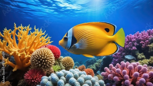 Fototapeta Naklejka Na Ścianę i Meble -  Colorful butterflyfish swimming near coral reef in clear blue water