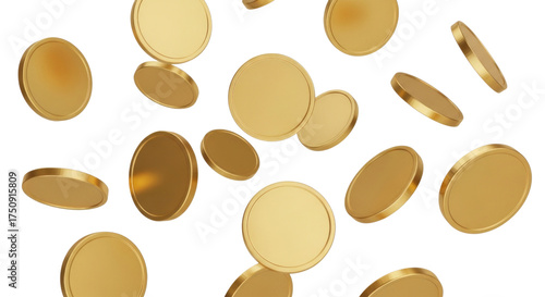 Gold coins falling isolated on transparent background
