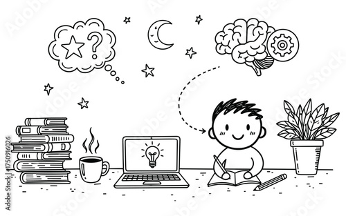 Hand Drawn Doodle Student Boy Studying and Thinking Vector Illustration. Concept of Creative Idea, Learning Process, Education, and Online Study. Cute Graphic for School and Innovation.