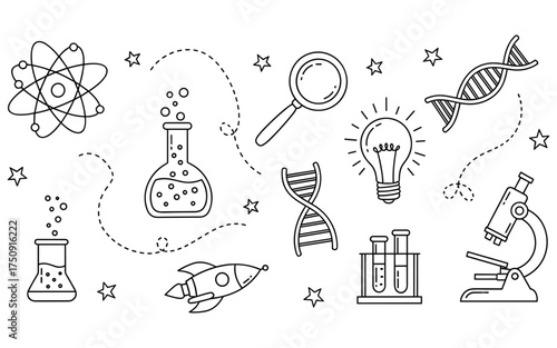 Hand Drawn Science and Education Doodle Vector Icon Set. Black Outline Sketch Collection of Chemistry, Biology, Physics, and Research Symbols. Creative Elements for School, Innovation, and Technology.
