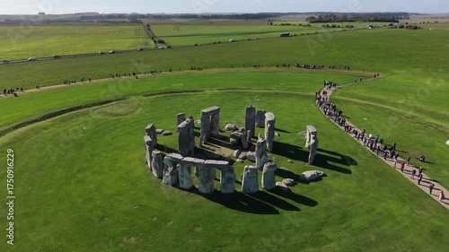 Drone view of Stonehenge and Wiltshire Countryside in England, UK. The stone circle dates to 3000 BC and is one of the best known ancient wonders of the world and UNESCO World Heritage Site.