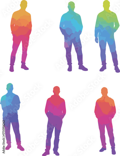 Gradient human silhouettes, colorful abstract figures, artistic diversity concept, vibrant character design, relaxed poses, modern illustration, inclusion, individuality, white background