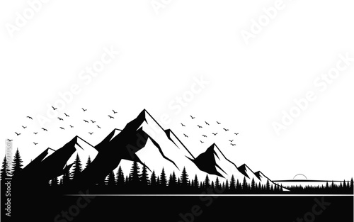Minimalist Mountain and Pine Forest Silhouette Vector Landscape. Black and White Panoramic Design with Flying Birds and Sunset Horizon. Nature and Outdoor Concept for Camping, Travel, and Adventure.