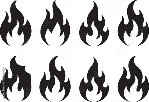 Eight Black Flame Icons With Different Shapes On White Background fire symbol