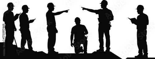 Construction workers silhouette, teamwork on site, planning session, hard hats, safety coordination, engineering crew, building project, site management, labor force, blueprint review