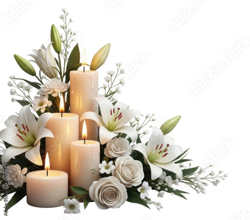 Candles and flowers arrangement isolated on transparent background