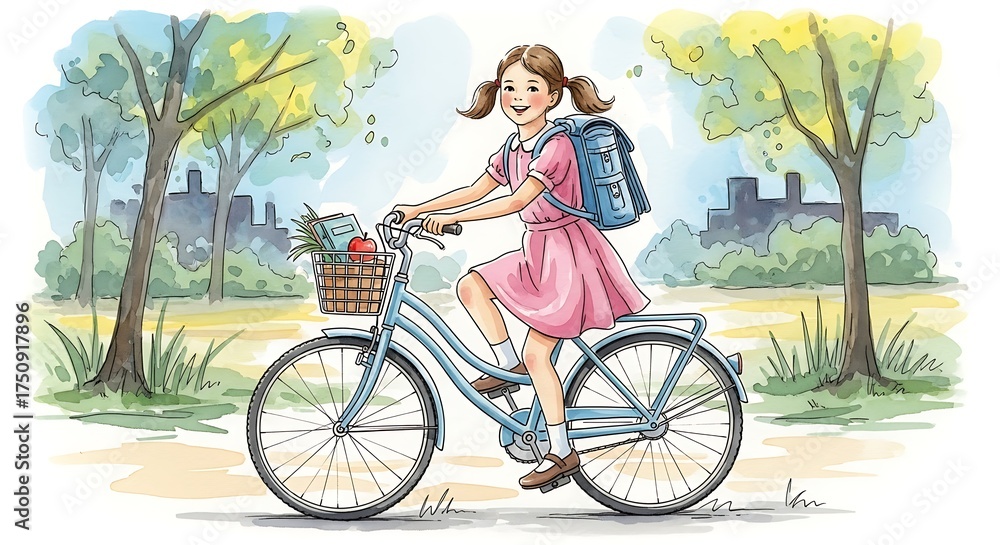 Obraz premium Girl Riding Bicycle to School in Sunny Weather.