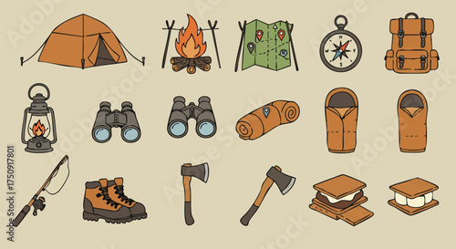 A collection of camping essentials, including a tent, campfire, map, compass, backpack, and various outdoor equipment, illustrated on a neutral background.
